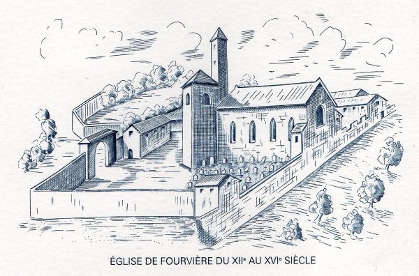 France. Lyon, Notre-Dame de Fourvière, illustration du document philatélique officiel, 1997 (gravure de Guy Vigoureux) (© La Poste / G. Vigoureux)