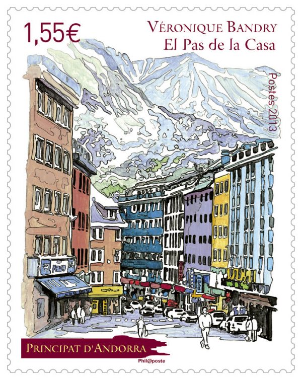 Andorre français : Pas-de-la-Case, 2013 (dessin de Véronique Bandry, impression offset) (© La Poste / V. Bandry)